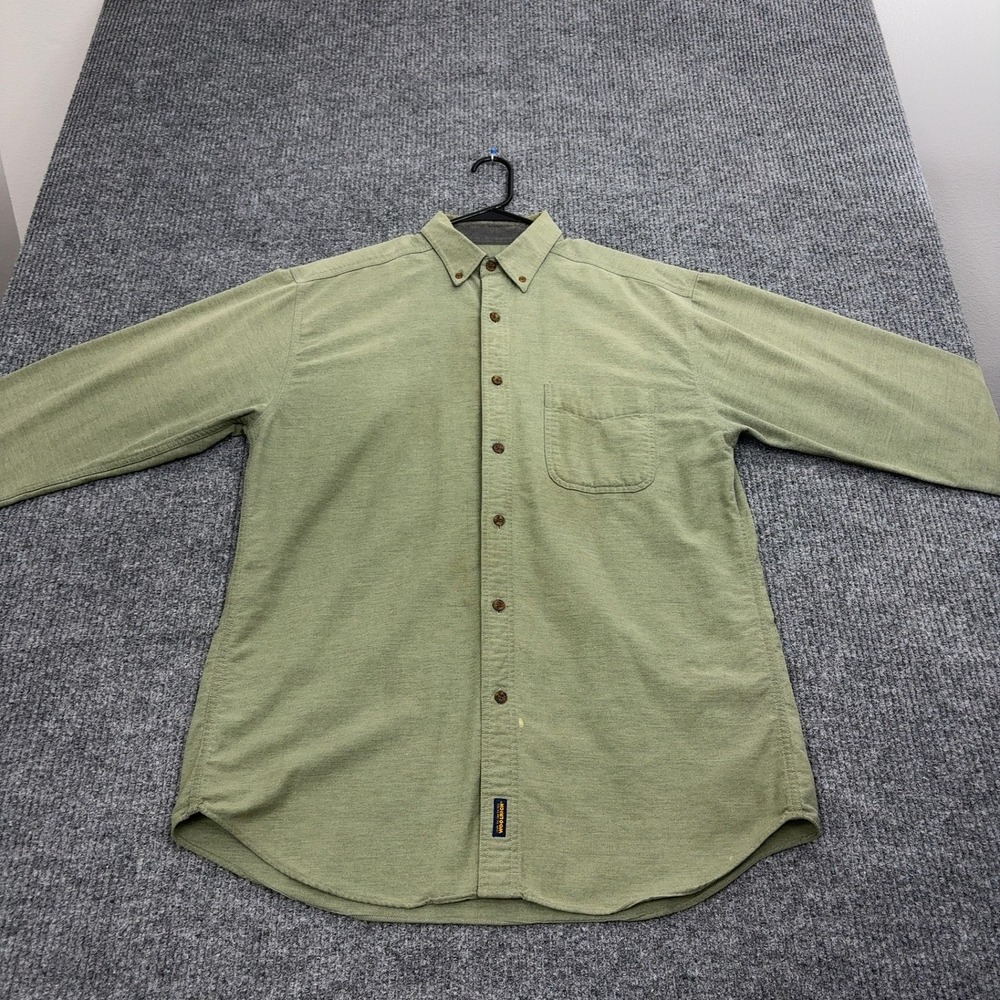 Woolrich Button Up Mens L Green Cotton Distressed Flannel Workwear Outdoor